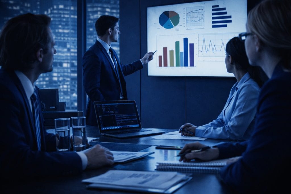 Directivos analizando información sensible en una reunión estratégica ante un posible caso de fuga de información o espionaje industrial