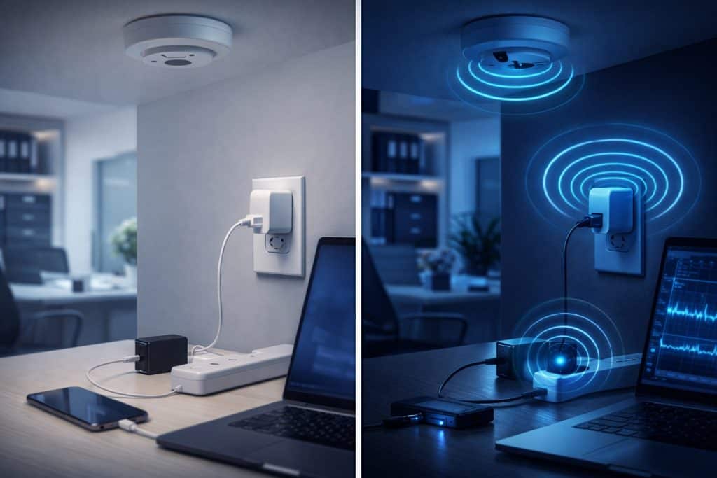 Barrido electrónico profesional para detectar micrófonos ocultos en objetos cotidianos de oficina como cargadores, detectores de humo o enchufes – servicio TSCM de contraespionaje electrónico