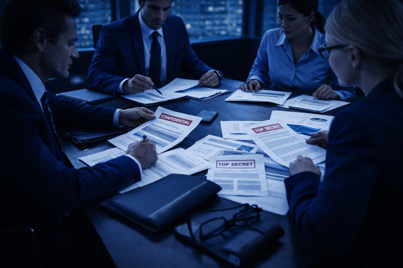 Ejecutivos revisando documentos confidenciales en sala de reuniones durante un análisis de contraespionaje electrónico TSCM