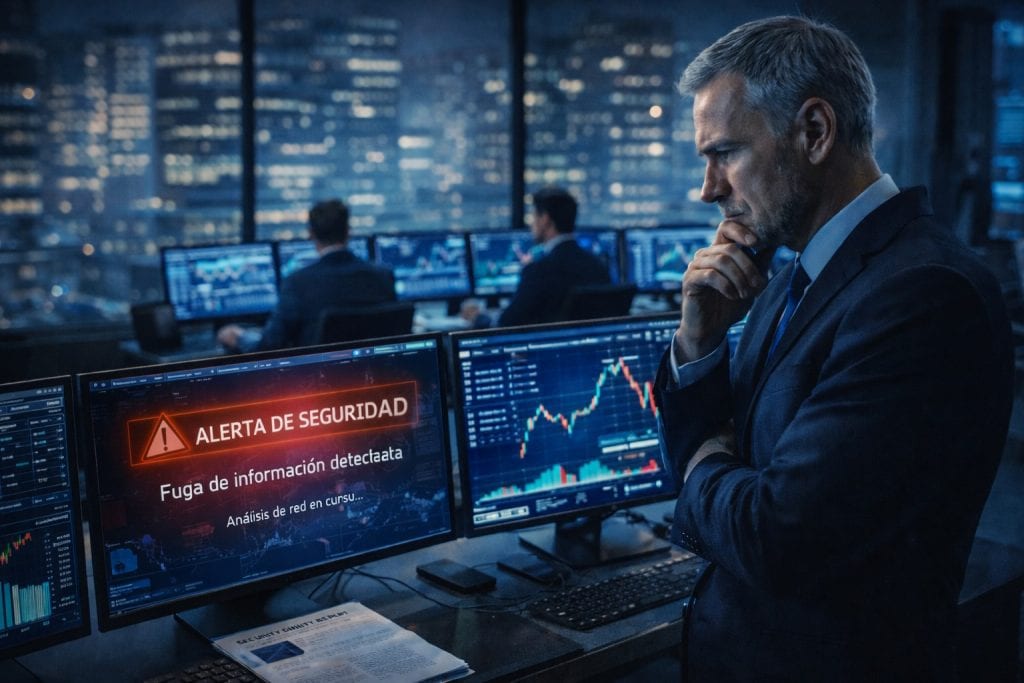 CEO de multinacional financiera revisando alerta de fuga de información en sistema informático corporativo
