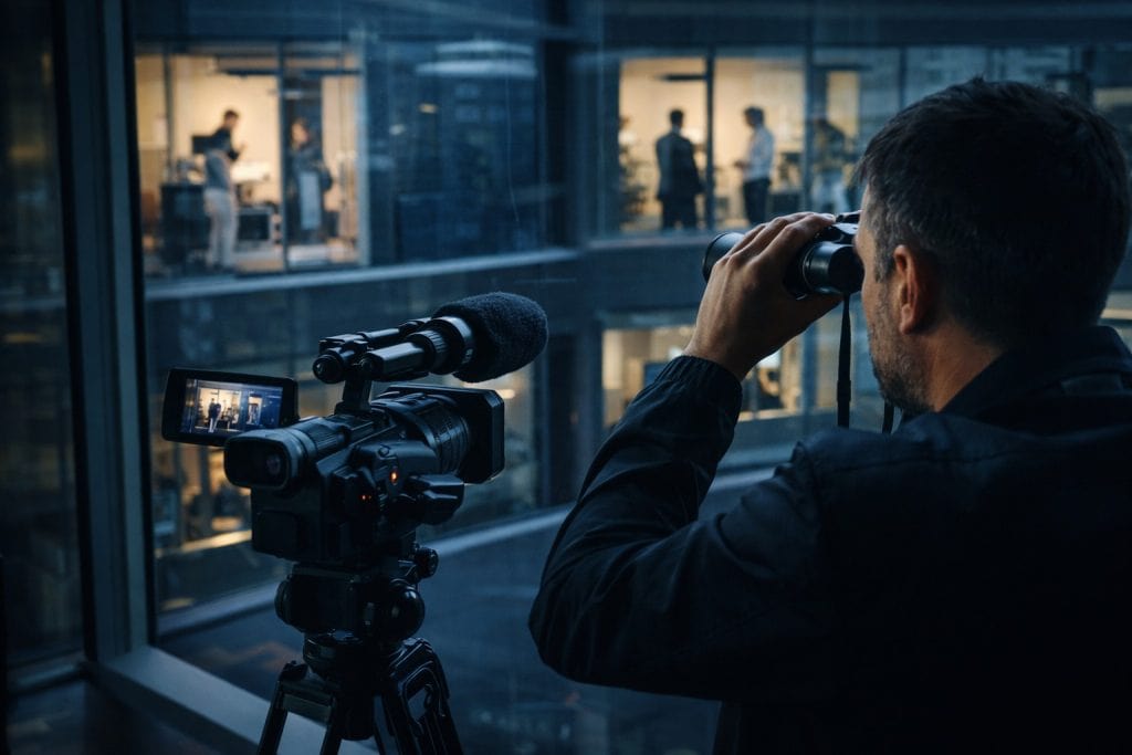 Persona observando una oficina desde un edificio cercano utilizando binoculares y cámara profesional para realizar espionaje corporativo