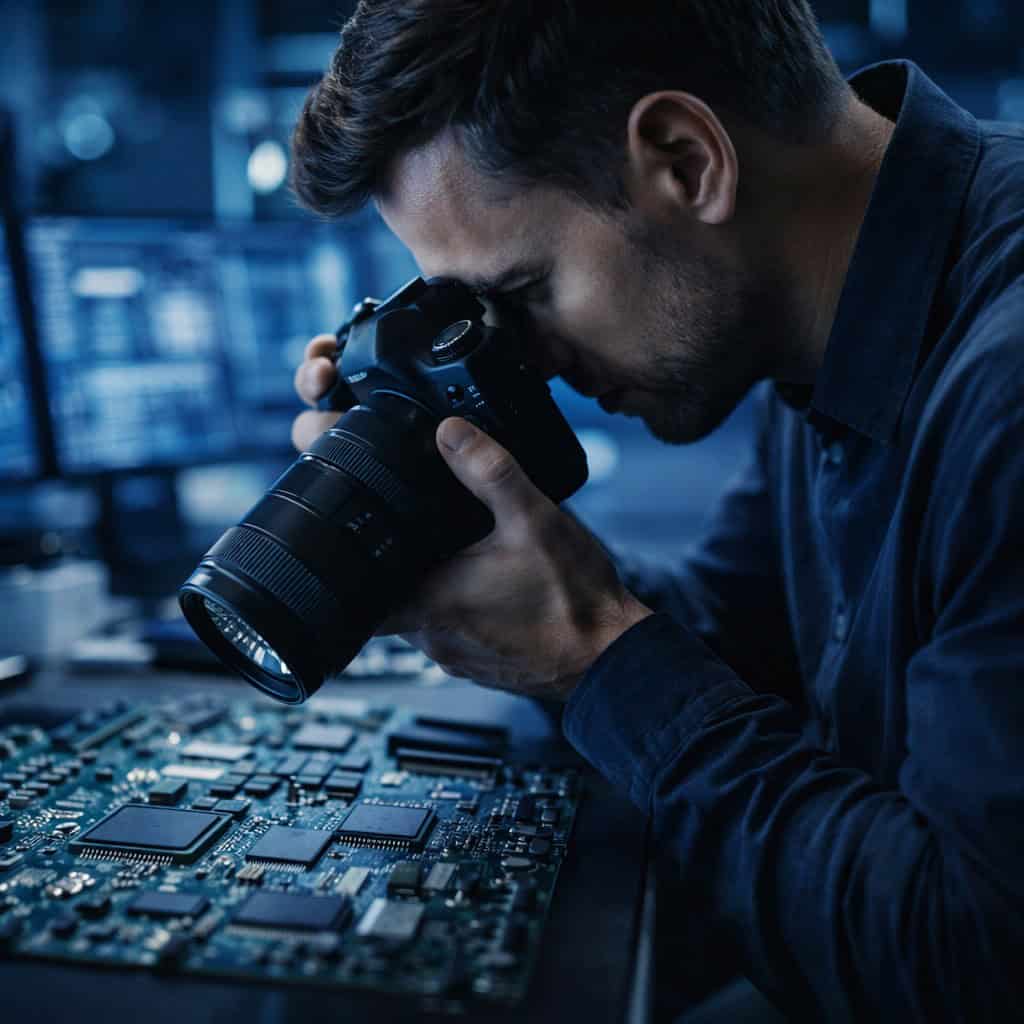 Empleado fotografiando chips y circuitos electrónicos para espionaje industrial y fuga de información en empresa tecnológica