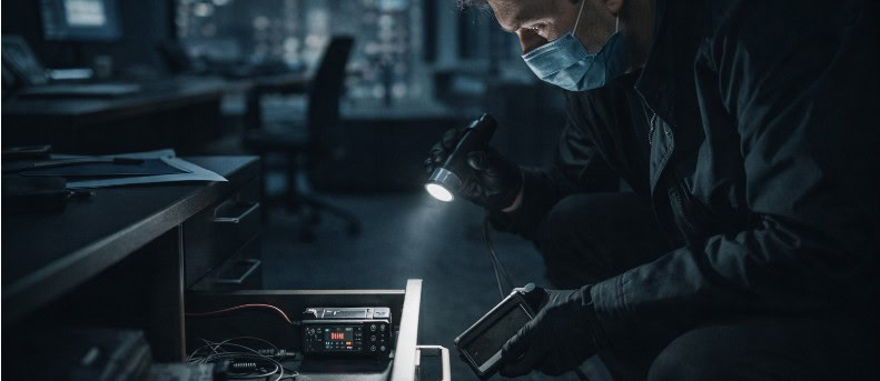 Espía instalando micrófono oculto en una oficina durante un caso de espionaje industrial detectado mediante barrido electrónico TSCM