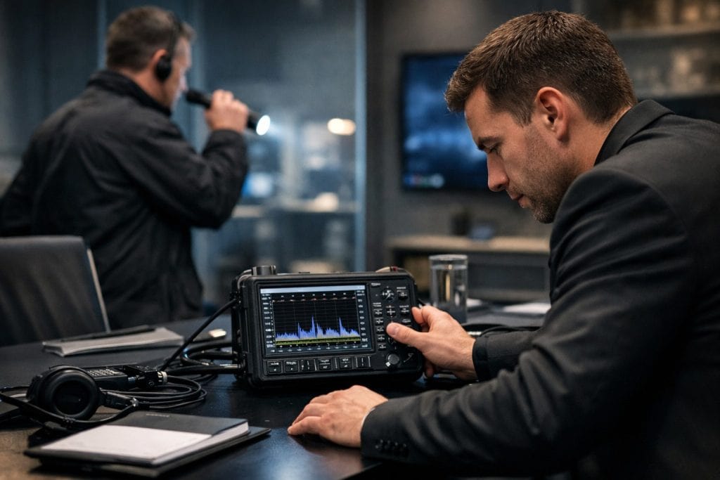 Especialistas en contraespionaje electrónico realizando un análisis técnico con equipos TSCM para detectar espionaje industrial y micrófonos ocultos en empresas