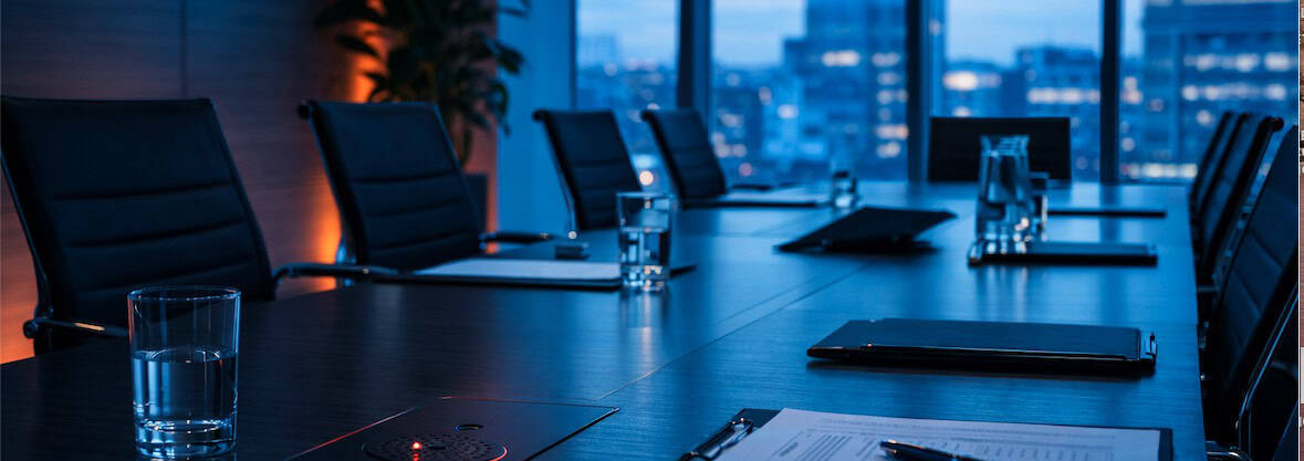 Sala de reuniones corporativa vacía con una mesa larga y un micrófono oculto utilizado para espionaje empresarial