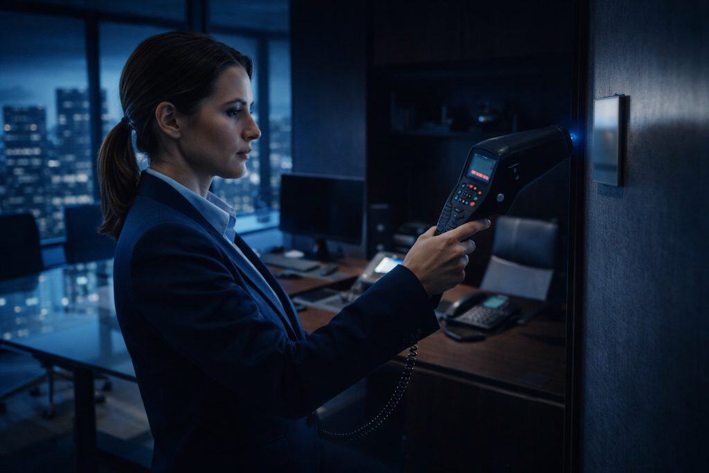 Mujer experta en TSCM realizando una detección de micrófonos y dispositivos espía