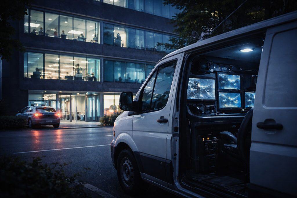 Vehículos de vigilancia sospechosos cerca de oficinas utilizados para espionaje empresarial