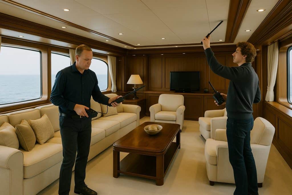 Técnicos de Servinfor realizando un servicio para detectar micrófonos ocultos