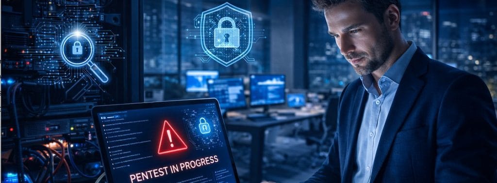 Pentest profesional realizando pruebas de penetración en sistemas informáticos de una empresa para detectar vulnerabilidades de ciberseguridad
