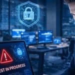 Pentest profesional realizando pruebas de penetración en sistemas informáticos de una empresa para detectar vulnerabilidades de ciberseguridad