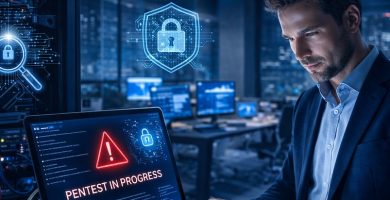 Pentest profesional realizando pruebas de penetración en sistemas informáticos de una empresa para detectar vulnerabilidades de ciberseguridad