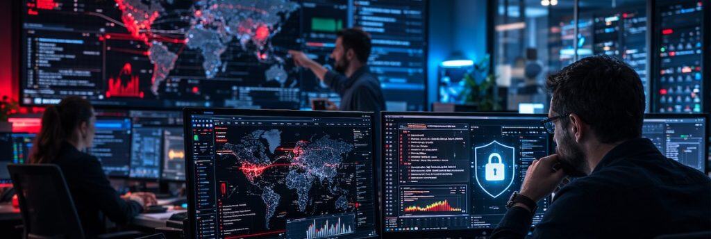 Equipo Red Team simulando un ataque mientras el Blue Team defiende la red en un centro de operaciones de ciberseguridad