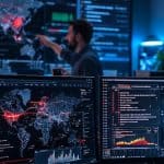 Equipo Red Team simulando un ataque mientras el Blue Team defiende la red en un centro de operaciones de ciberseguridad