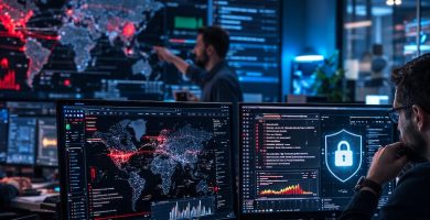 Equipo Red Team simulando un ataque mientras el Blue Team defiende la red en un centro de operaciones de ciberseguridad