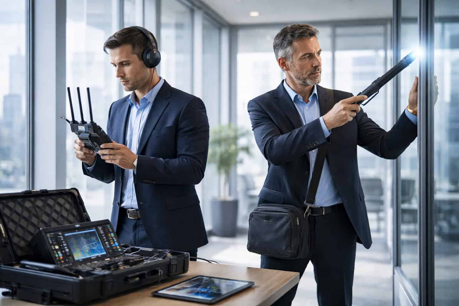 Equipo profesional realizando un barrido electrónico en una sala de reuniones corporativa