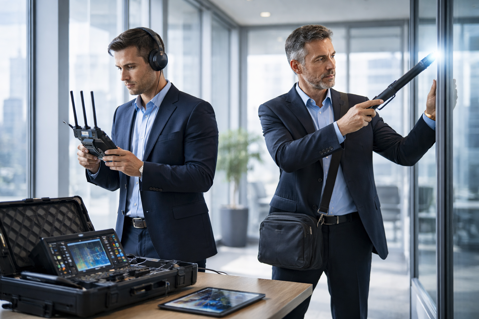 Equipo profesional realizando un barrido electrónico en una sala de reuniones corporativa