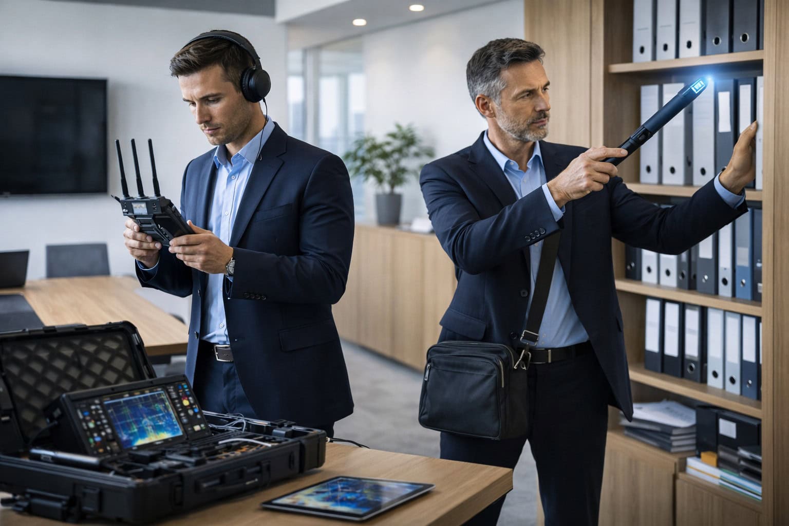 Barrido electrónico en sala de reuniones para detectar micrófonos y proteger información