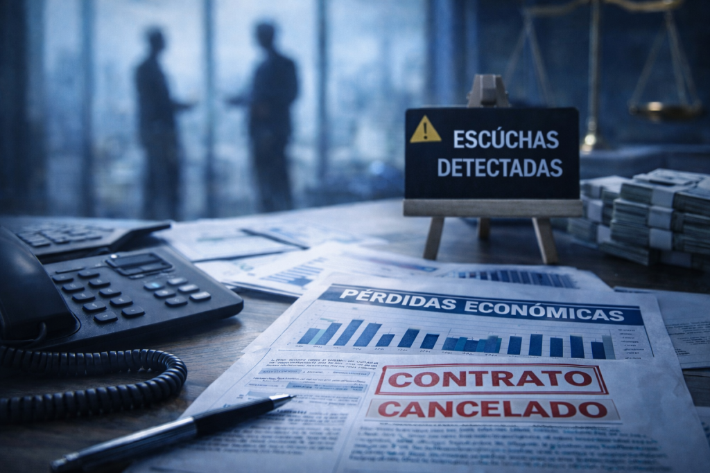 Consecuencias económicas de una escucha telefónica ilegal en el entorno empresarial, con documentos financieros, contrato cancelado y comunicaciones comprometidas.