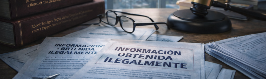 Documentación con información obtenida ilegalmente sobre una mesa de despacho jurídico, que refleja los riesgos legales y probatorios derivados del uso de comunicaciones interceptadas.