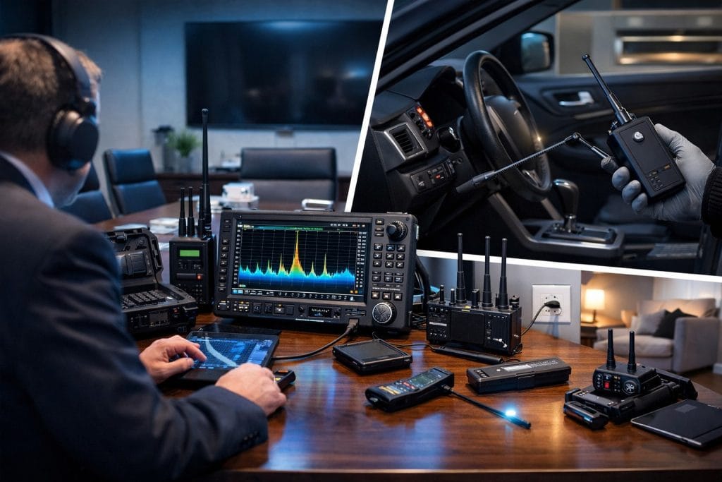 Técnico realizando un barrido electrónico TSCM para detectar micrófonos ocultos y dispositivos de espionaje