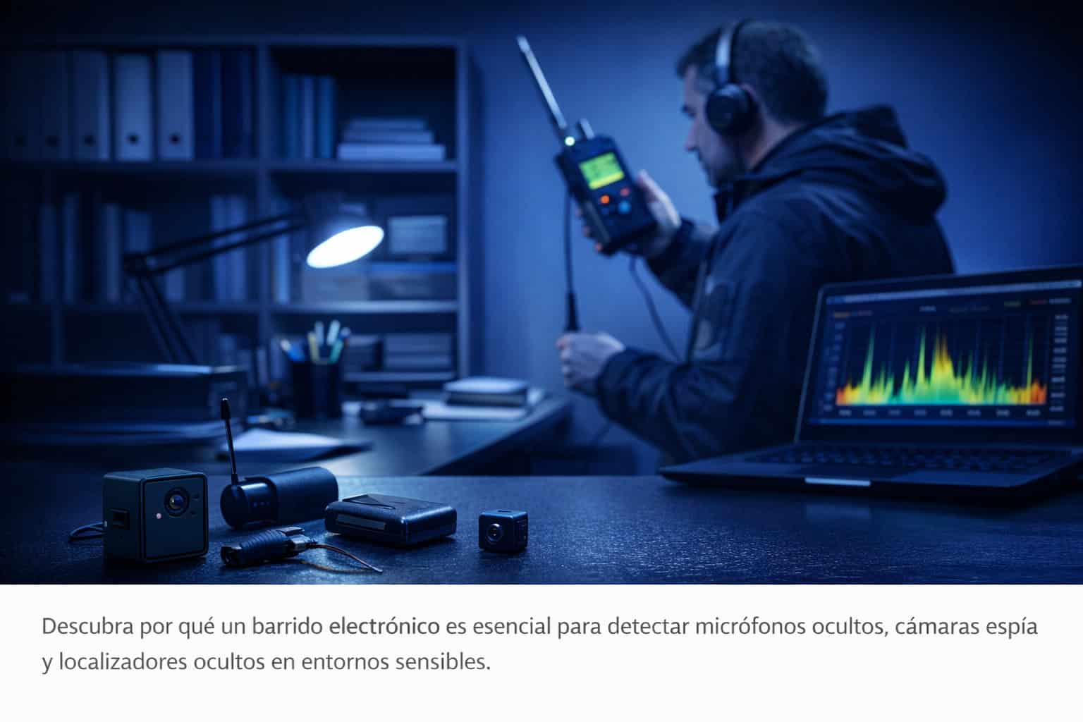 Técnico realizando un barrido electrónico en una sala de reuniones para detectar micrófonos ocultos y dispositivos de espionaje
